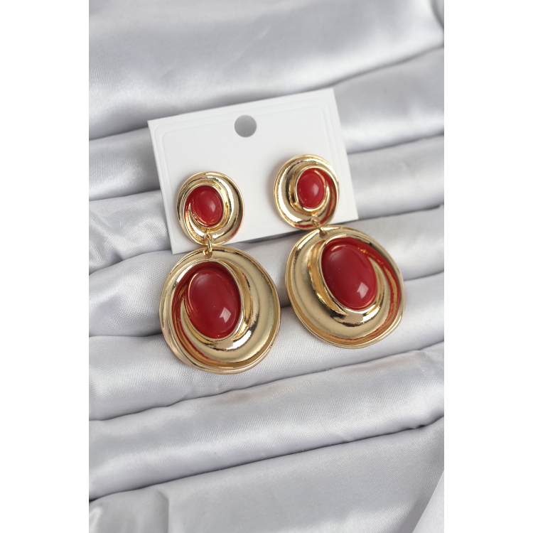 Kırmızı Sallantılı Damla Model Gold Renk Vintage Kadın Küpe 5886