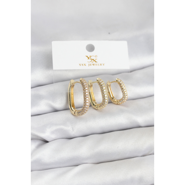 Pirinç Gold Renk Zirkon Taşlı Halka Model YSX Trio Küpe Seti 5886