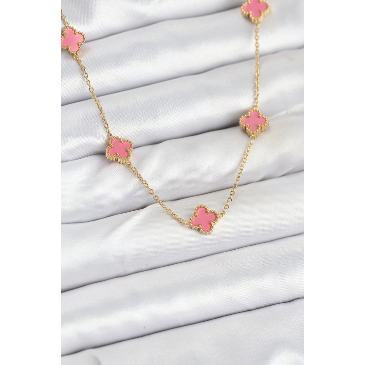 316L Çelik Zincir Gold Renk Pembe Baby Boy Yonca Kadın Kolye 5886