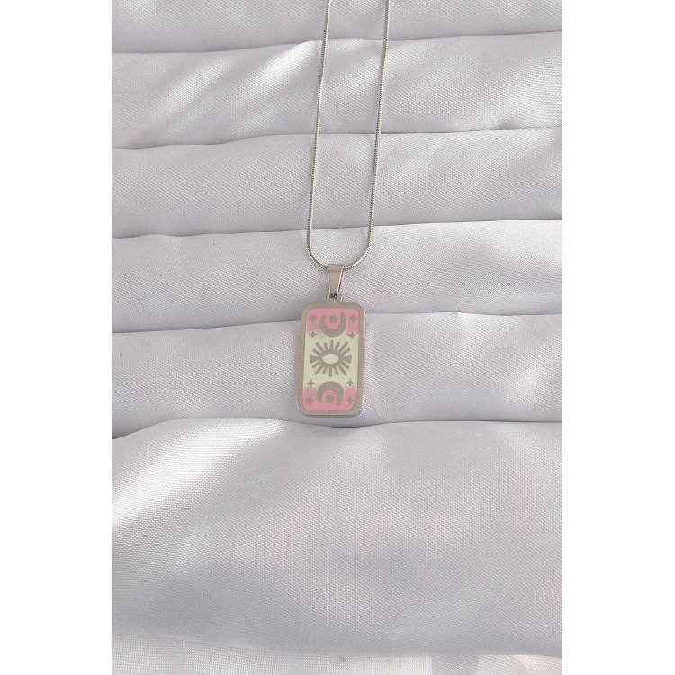 316L Çelik Gümüş Renk Pembe Mineli Ay Figür Tarot Kolye 5886