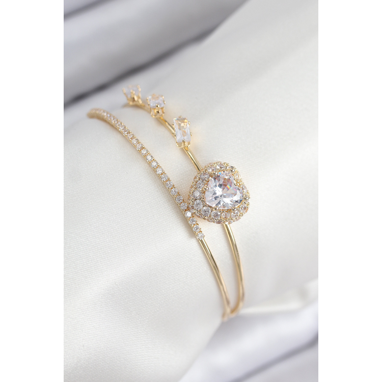 Pirinç Zirkon Taşlı Kalp Model Gold Renk Kadın Bileklik 5886