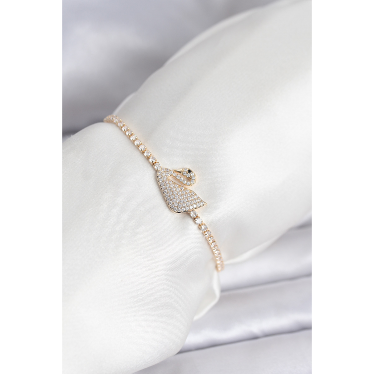 Kuğu Model Zirkon Taşlı Gold Renk Asansörlü Su Yolu Bileklik 5886
