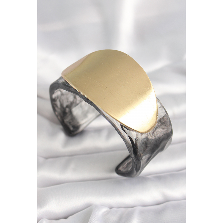 Siyah Mermer Desen Akrilik Plastik Gold Oval Plaka Model Vintage Kadın Bilezik 5886