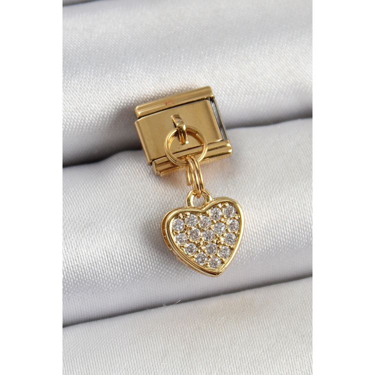 316L Çelik Sallantılı Zirkon Taşlı Kalp Model Gold Renk Nomination Charm 5886