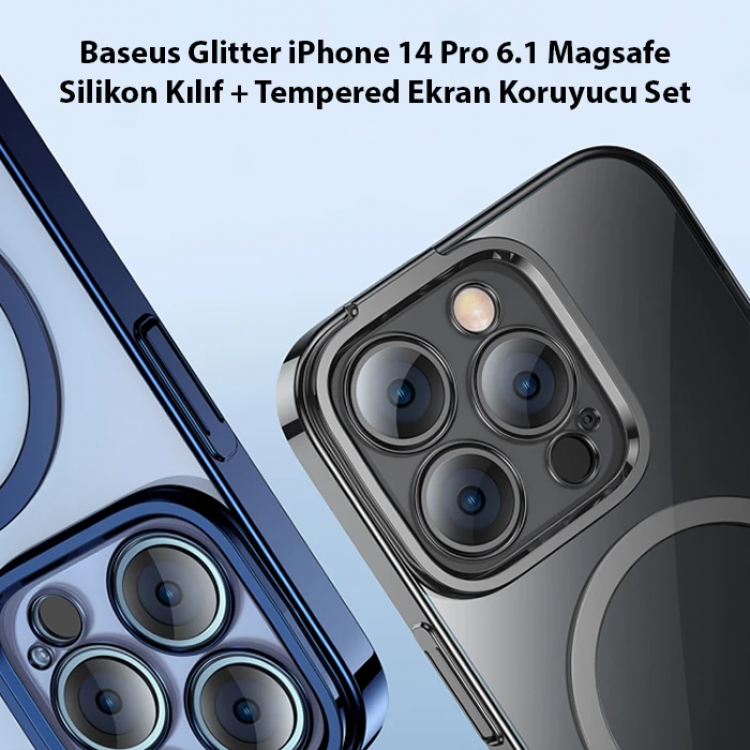 Baseus Glitter iPhone 14 Pro 6.1 Magsafe Silikon Kılıf + Tempered Ekran Koruyucu Set-(5775)