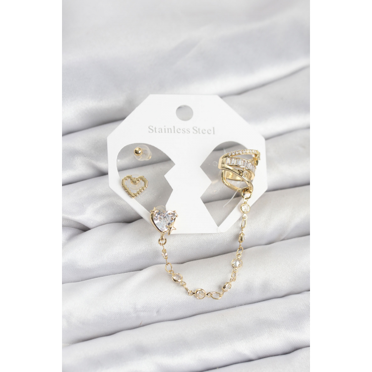 Pirinç Gold Renk Kalp Model Zincir Bağlantılı Ear Cuff Küpe Seti 5886