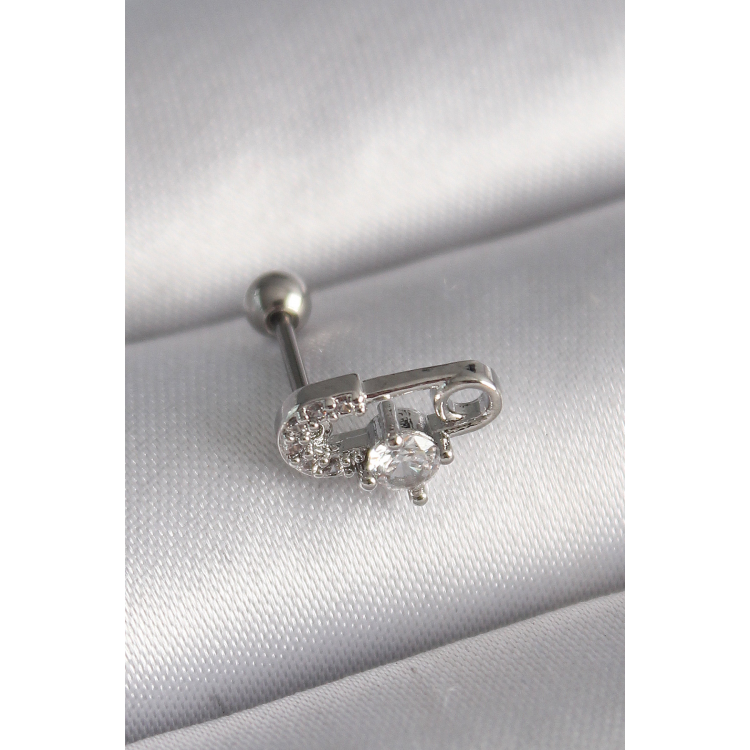 316L Çelik Gümüş Renk Zirkon Taşlı Toplu İğne Tragus Piercing 5886