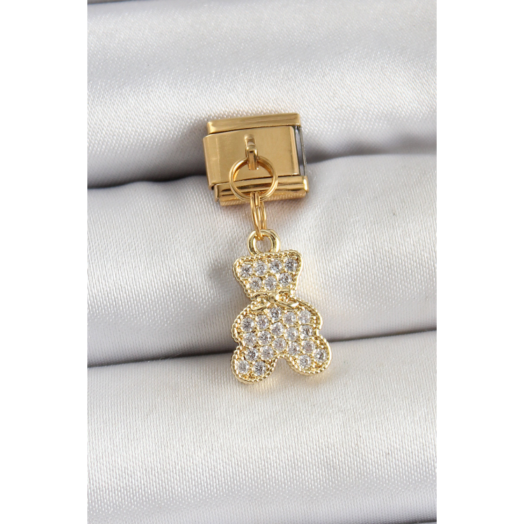316L Çelik Sallantılı Zirkon Taşlı Ayıcık Model Gold Renk Nomination Charm 5886