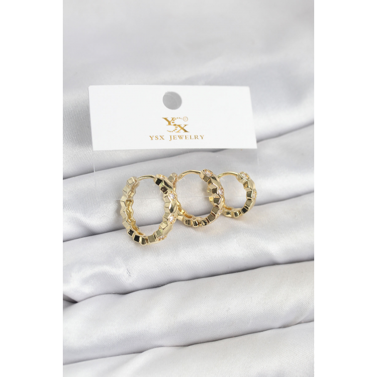 Pirinç Gold Renk Zirkon Taşlı Petek Halka Model YSX Trio Küpe Seti 5886