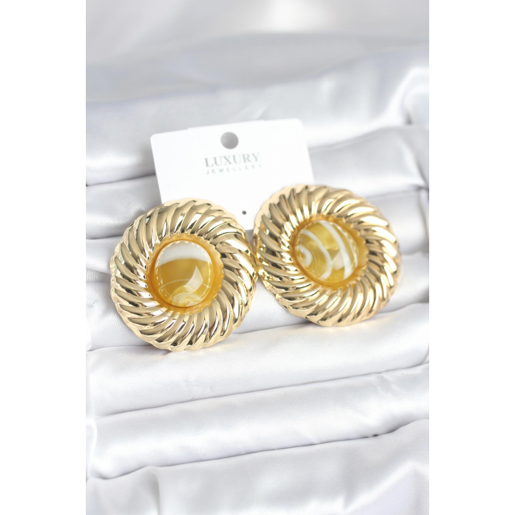 Pirinç Gold Renk Kehribar Boncuklu Vintage Kadın Küpe 5886