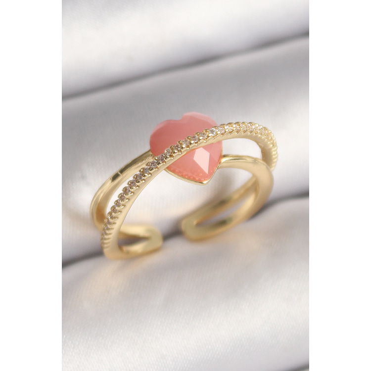 Pirinç Gold Renk Pembe Kristal Kalp Model Zirkon Taş Detaylı Kadın Yüzük 5886