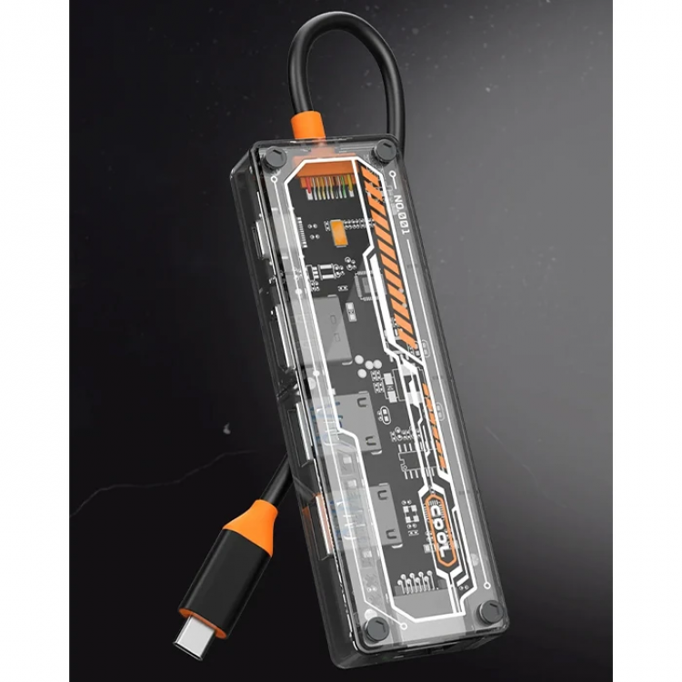 ALLY 6in1 Type-c To USB3.0 + USB2.0 + Type-c PD 100W + HDMI + VGA + 3.5mm  Çoğaltıc Transparanı Hub-(5775)