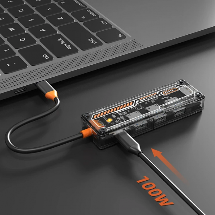 ALLY 6in1 Type-c To USB3.0 + USB2.0 + Type-c PD 100W + HDMI + VGA + 3.5mm  Çoğaltıc Transparanı Hub-(5775)
