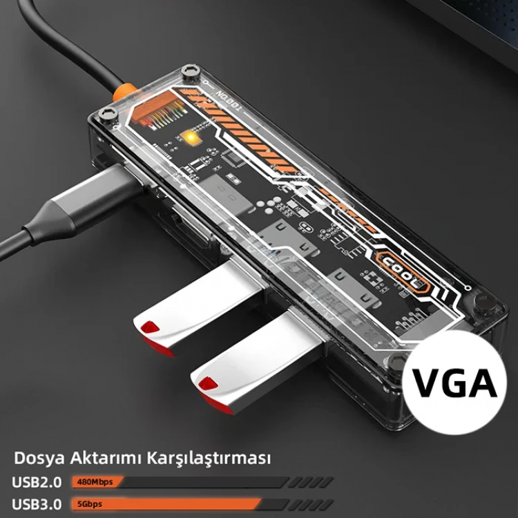 ALLY 6in1 Type-c To USB3.0 + USB2.0 + Type-c PD 100W + HDMI + VGA + 3.5mm  Çoğaltıc Transparanı Hub-(5775)