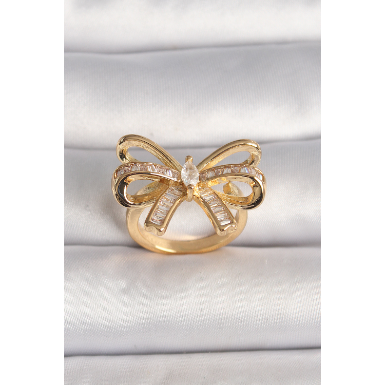 Pirinç Gold Renk Ayarlanabilir Zirkon Taşlı Kurdele Model Kadın Yüzük 5886