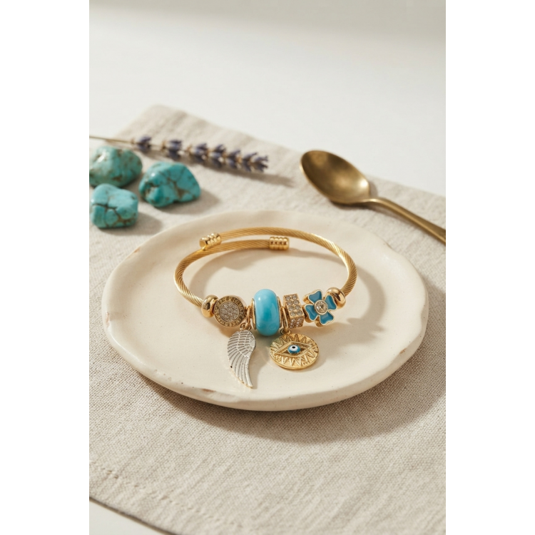Mavi Renk Göz Model Gold Charmlı Bileklik 5886