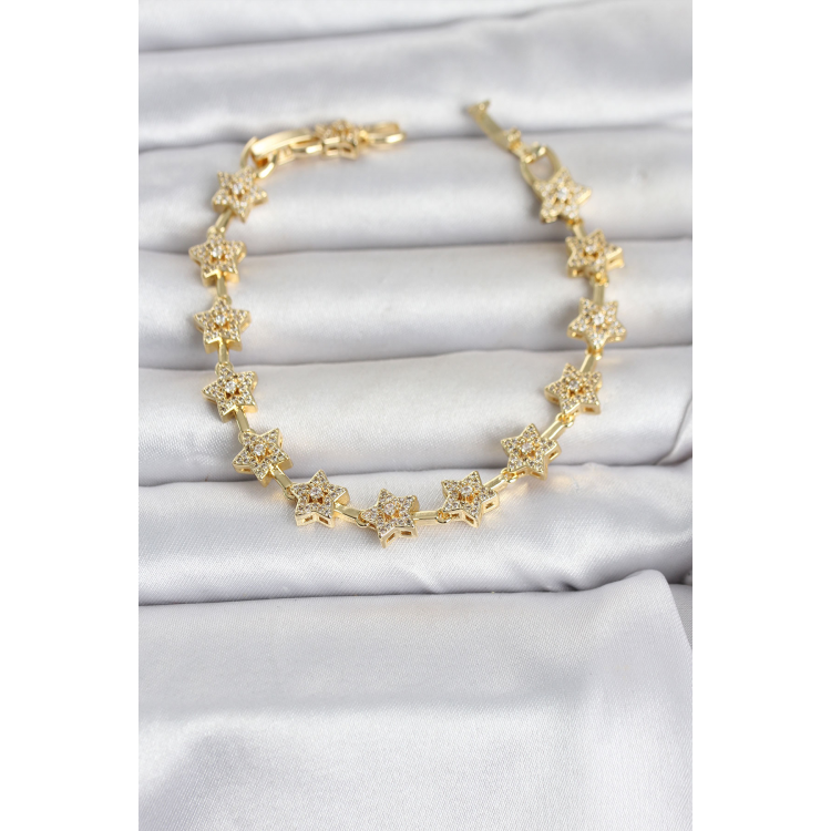 Pirinç Gold Renk Zirkon Taşlı Sıralı Yıldız Model Kadın Bileklik 5886