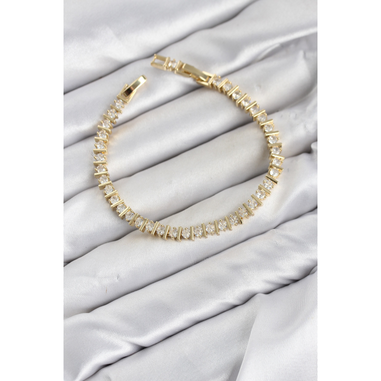 CM Şerit Model Zirkon Taşlı VIP Seri Gold Renk Pirinç Kadın Bileklik 5886