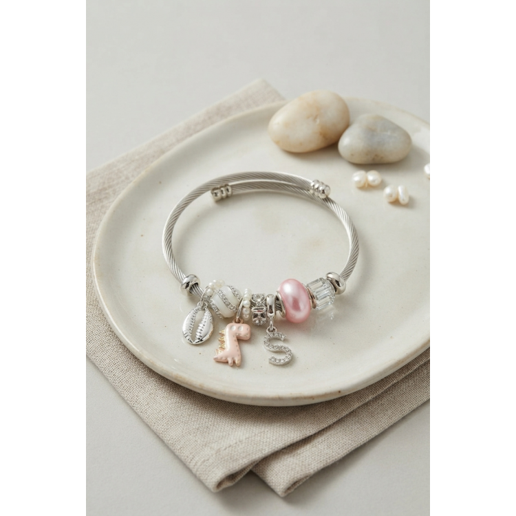Pembe Dinazor Model Charmlı Gümüş Renk Bileklik 5886