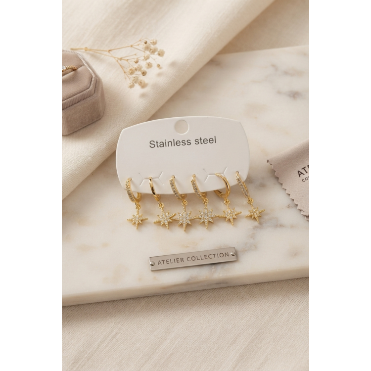316L Çelik Gold Renk Kutup Yıldızı Model Kadın Küpe Seti 5886