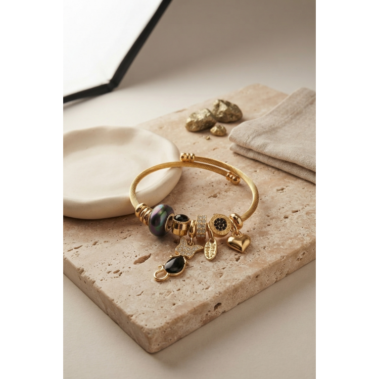 Siyah Kedi Model Gold Renk Charmlı Bileklik 5886