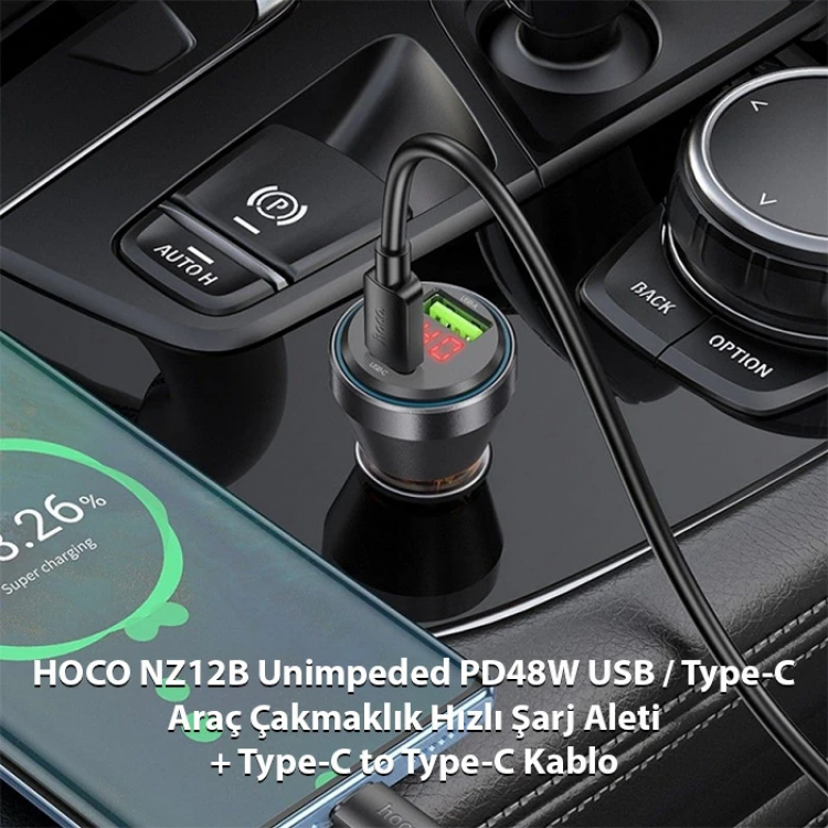 HOCO NZ12B Unimpeded PD48W USB + Type-C Araç Çakmaklı Hızlı Şarj Aleti + Type-C to Type-C Kablo-(5775)