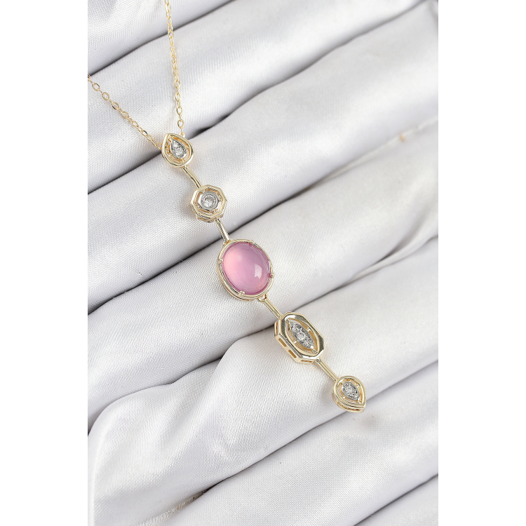 Pirinç Zincir Pembe Gold Renk Zirkon Taşlı Y Kolye 5886