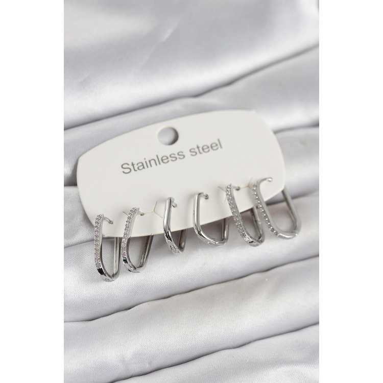 316L Çelik Gümüş Renk 6'lı Set Geometrik Model Kadın Küpe 5886