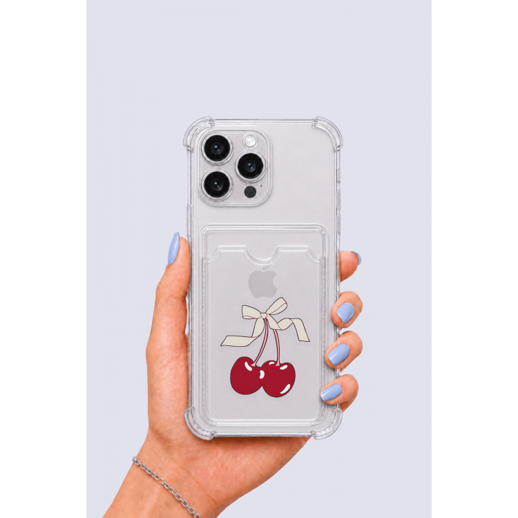 iPhone 13 Pro Max Kartlıklı Kiraz Desenli Kılıf