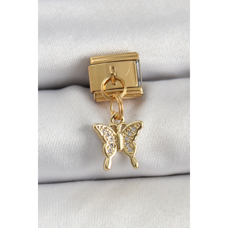 316L Çelik Sallantılı Zirkon Taşlı Kelebek Model Gold Renk Nomination Charm 5886