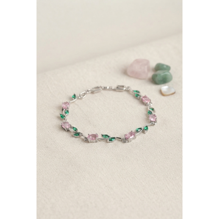 Pirinç Gümüş Renk Pembe Zirkon Taşlı Çiçek Model Kadın Bileklik 5886