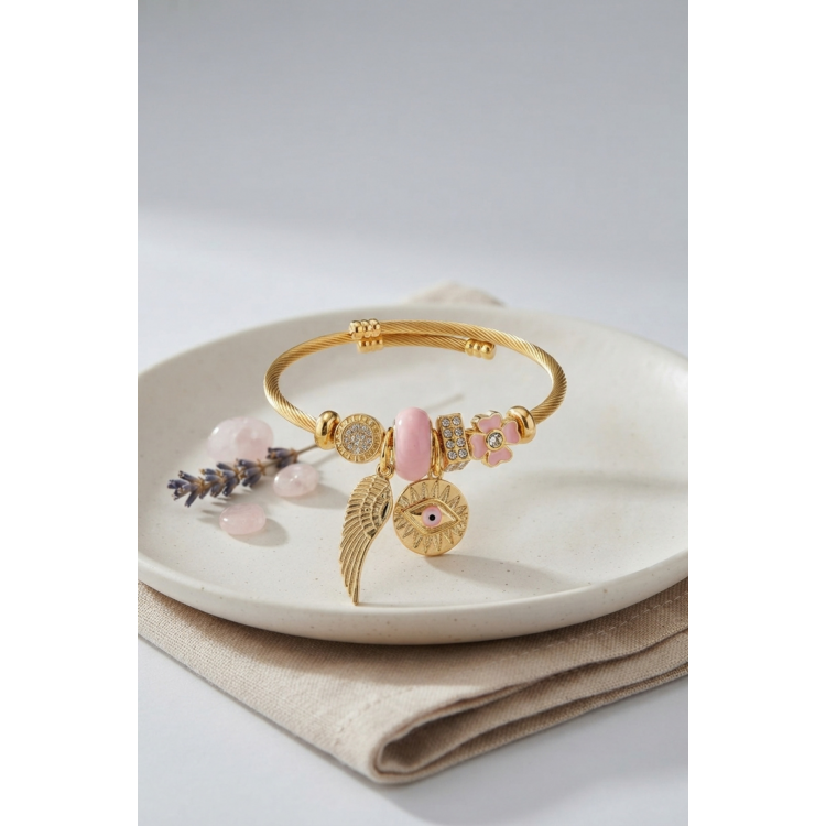 Pembe Göz Model Gold Renk Charmlı Bileklik 5886