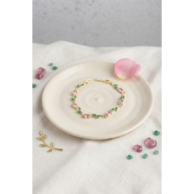 Pirinç Gold Renk Pembe Zirkon Taşlı Çiçek Model Kadın Bileklik 5886