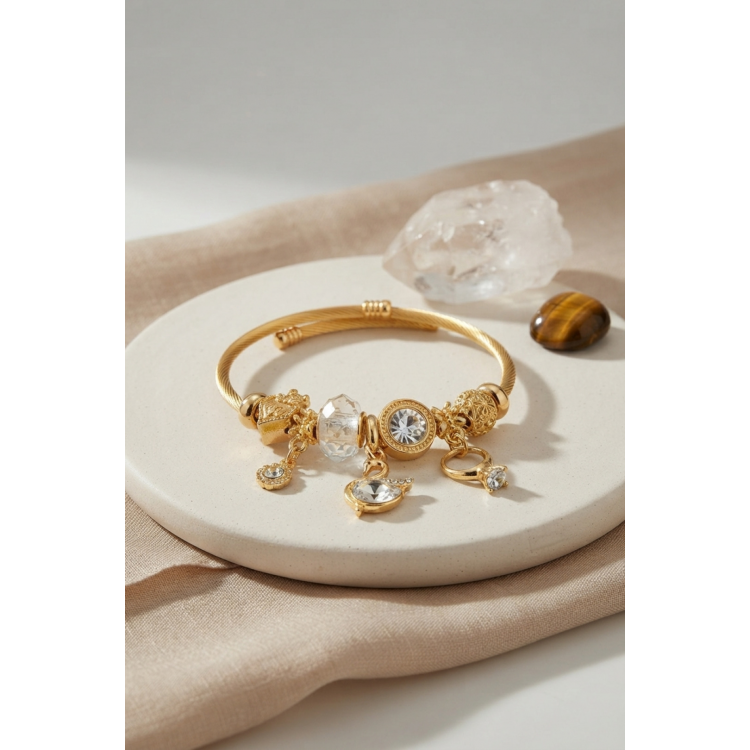 Swan Model Gold Renk Beyaz Charmlı Bileklik 5886