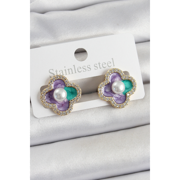 Pirinç Mor Mineli İnci Detaylı Zirkon Taşlı Sanatsal Portre Yonca Model Gold Renk Kadın Küpe 5886