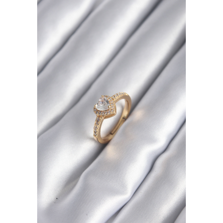 Pirinç Gold Renk Zirkon Taşlı Kalp Charm Model Kadın Yüzük 5886