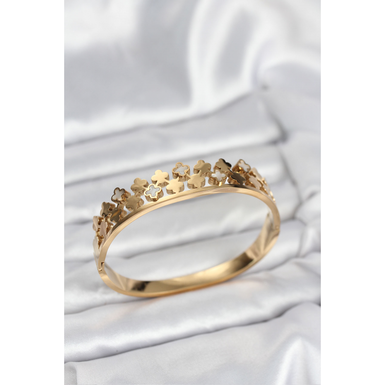 316L Çelik Gold Renk Minimal Yoncalı Kadın Kelepçe Bileklik 5886