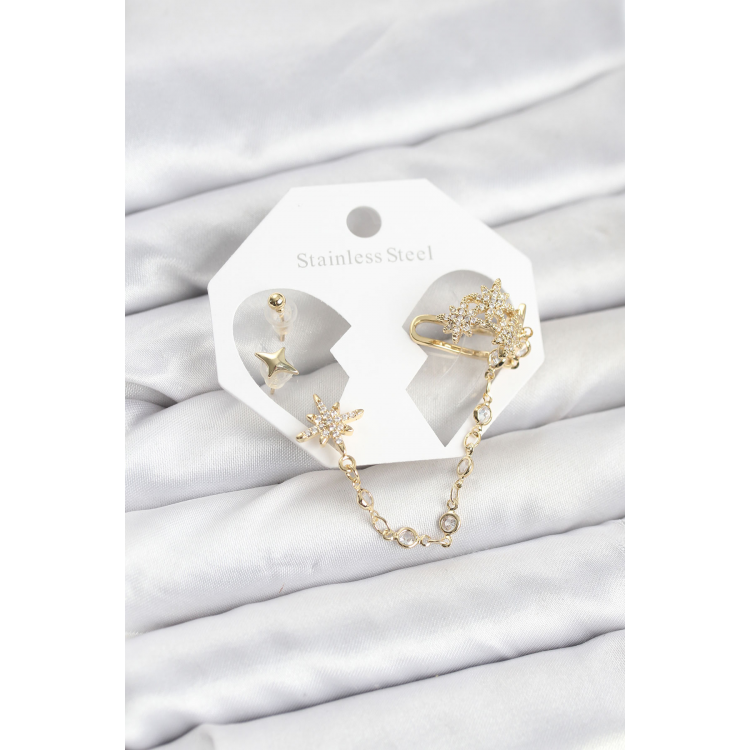 Kutup Yıldızı Model Pirinç Gold Renk Zincir Bağlantılı Ear Cuff Küpe Seti 5886