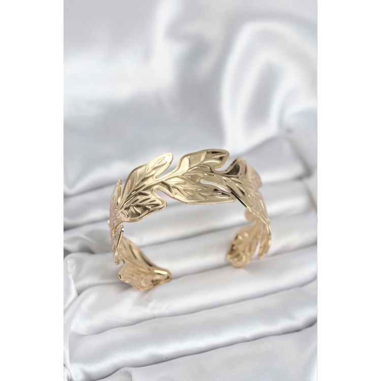 Gold Renk Pirinç Levha Yaprak Model Kadın Bileklik 5886