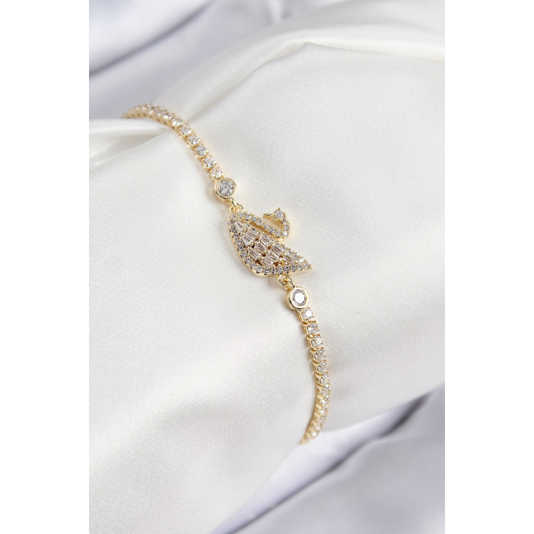 Pirinç Zirkon Taşlı Kuğu Model Gold Renk Kadın Bileklik 5886