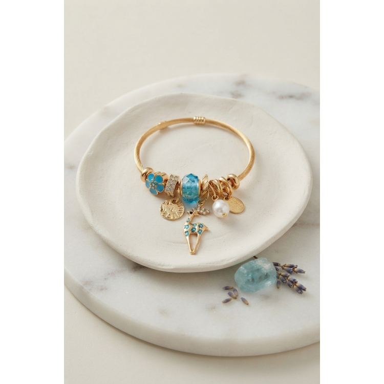 Geyik Model Gold Renk Mavi Charmlı Bileklik 5886