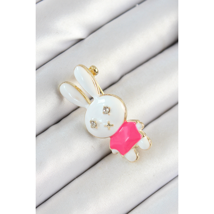 Zirkon Taş Detaylı Beyaz Ve Pembe 3D Tavşan Figürlü Kadın Broş 5886