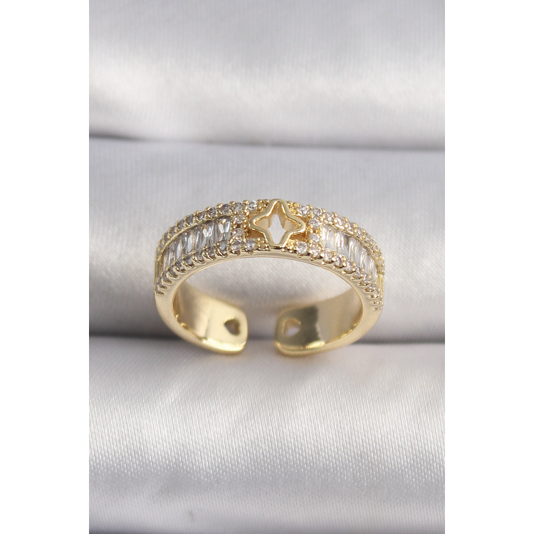 Pirinç Gold Renk Zirkon Taşlı Yıldız İşleme VIP Seri Kadın Yüzük 5886