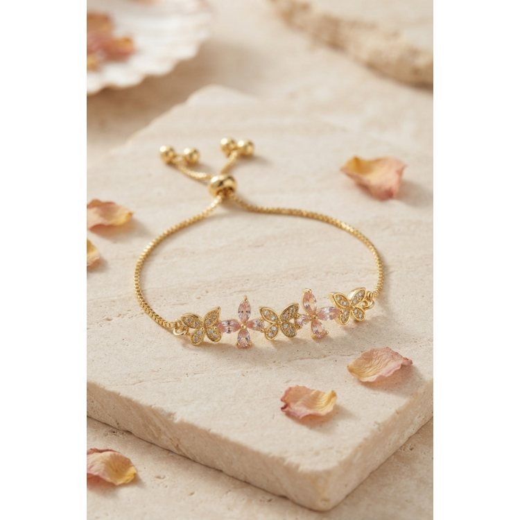 Kelebek Model Gold Renk Zirkon Taşlı Asansörlü Kadın Bileklik 5886