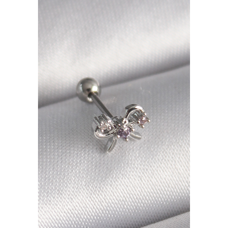 316L Çelik Gümüş Renk Zirkon Taşlı Kurdele Tragus Piercing 5886