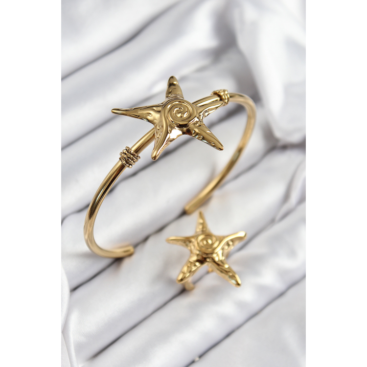 Pirinç Deniz Yıldızı Model Gold Renk Bileklik Yüzük Set 5886