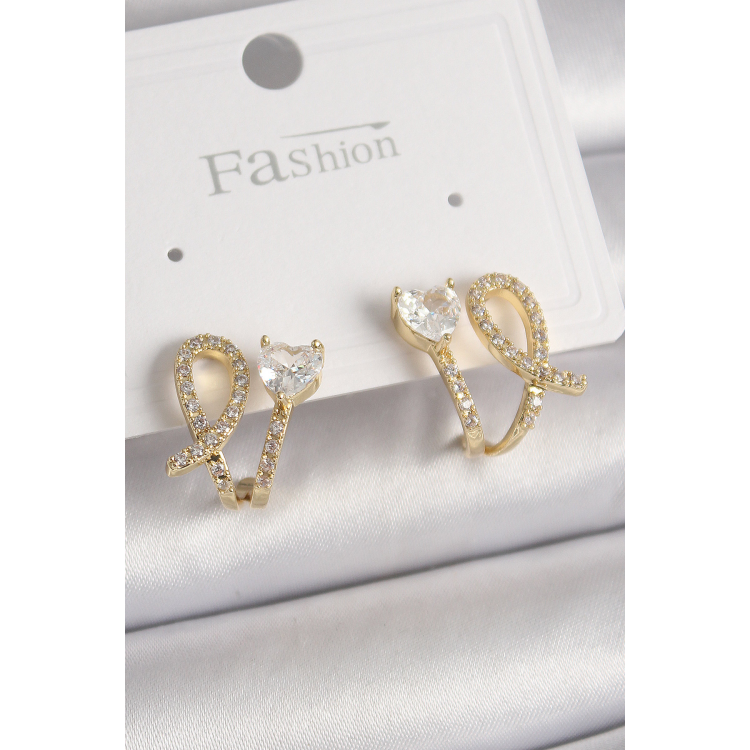 Pirinç Gold Renk Düğüm Model Zirkon Taşlı Kalp Detay Kadın Küpe 5886