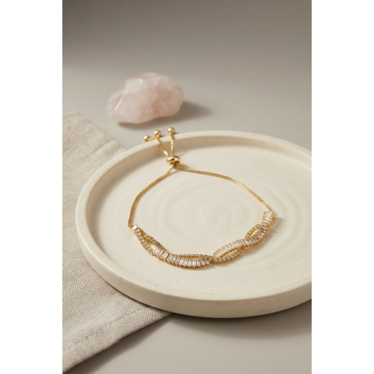 Gold Renk Baget Zirkon Taşlı Sarmal Model Pirinç Asansör Bileklik 5886