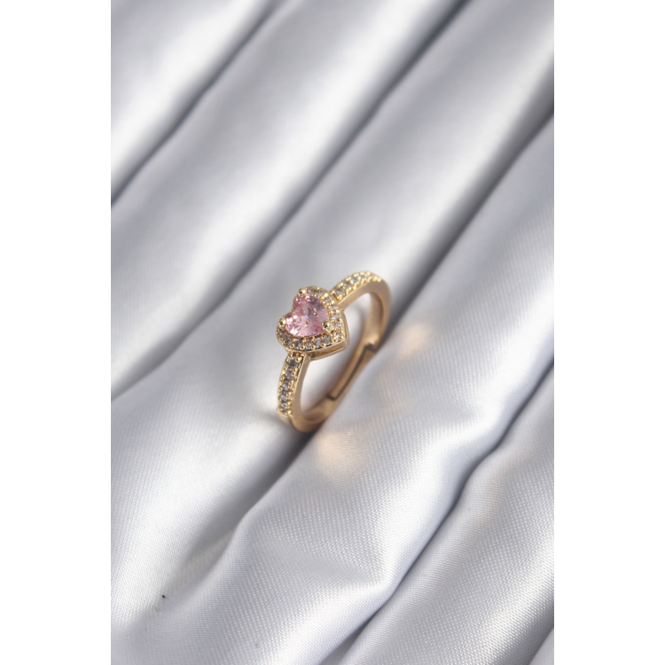 Pirinç Gold Renk Pembe Zirkon Taş Kalp Charm Model Kadın Yüzük 5886