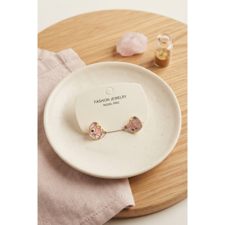 Pirinç Gold Renk Pembe Stiç Model Çocuk Küpe 5886
